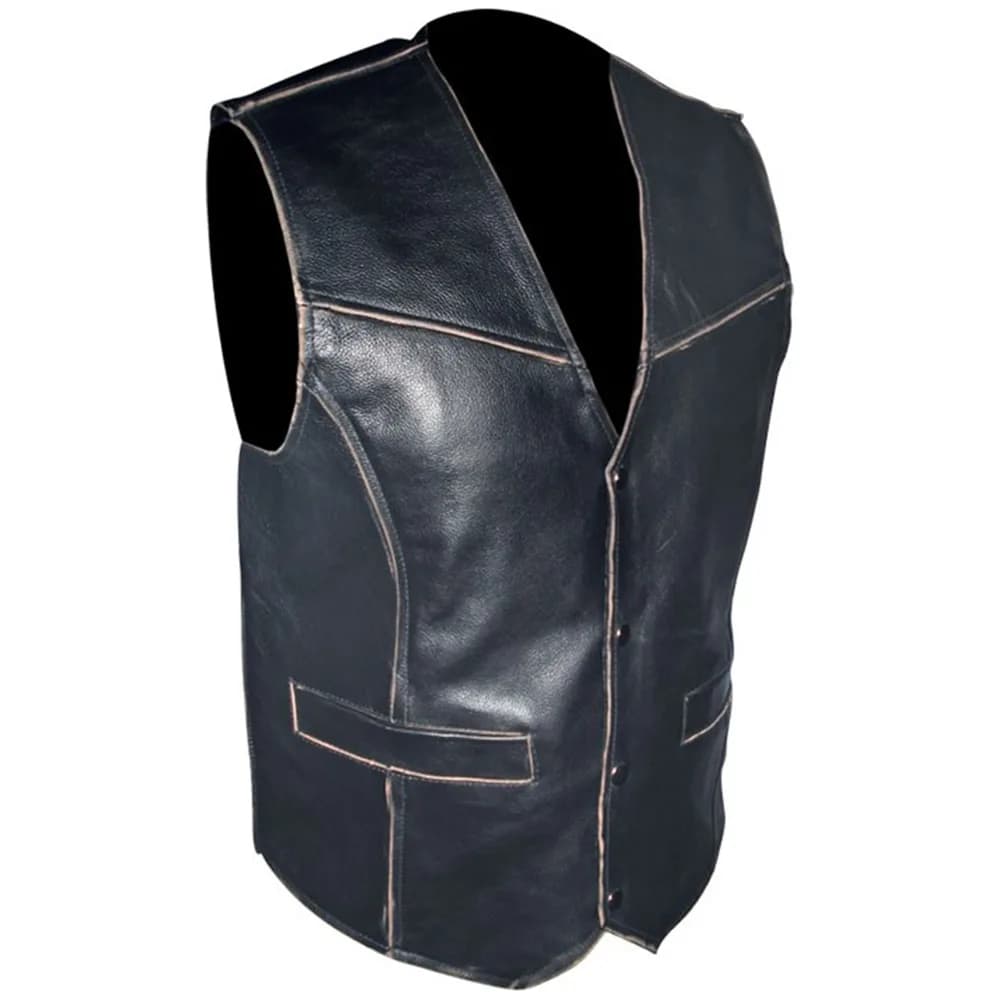 Men's Distressed Black Leather Biker Vest