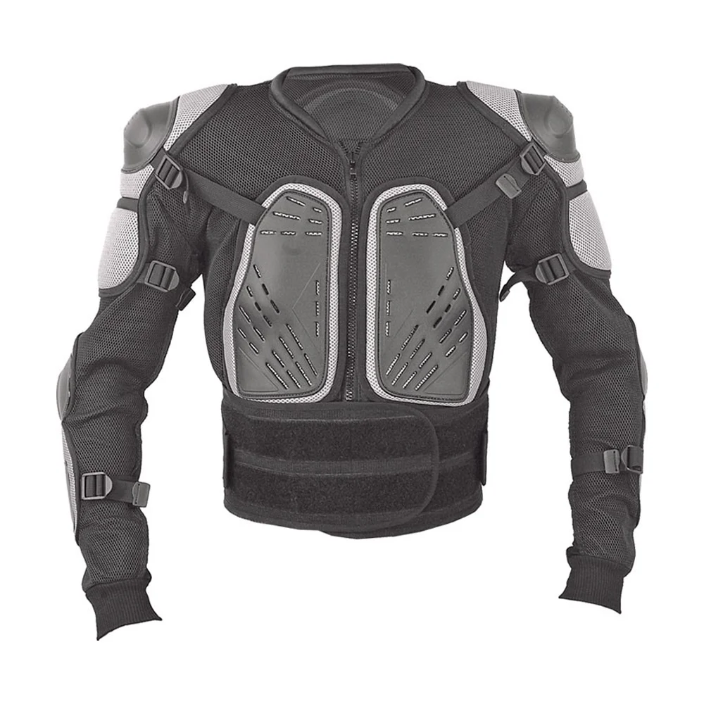 Black motorcycle protective armor jacket with shoulder, elbow, chest, and back protection