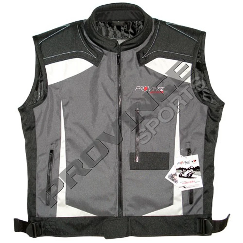 Black and gray motorcycle riding vest with reflective panels and adjustable waist straps