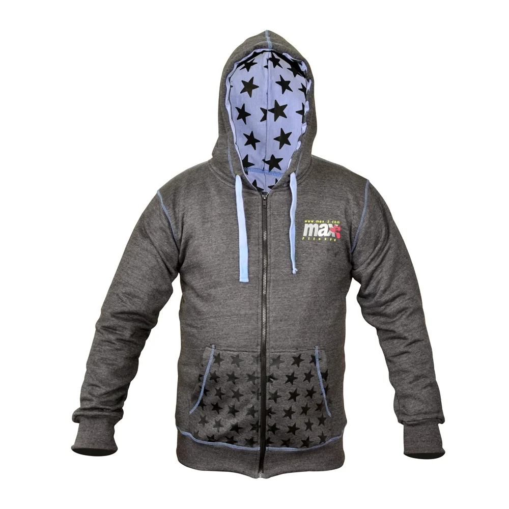 Gray zip-up hoodie with star-patterned hood lining and front pockets