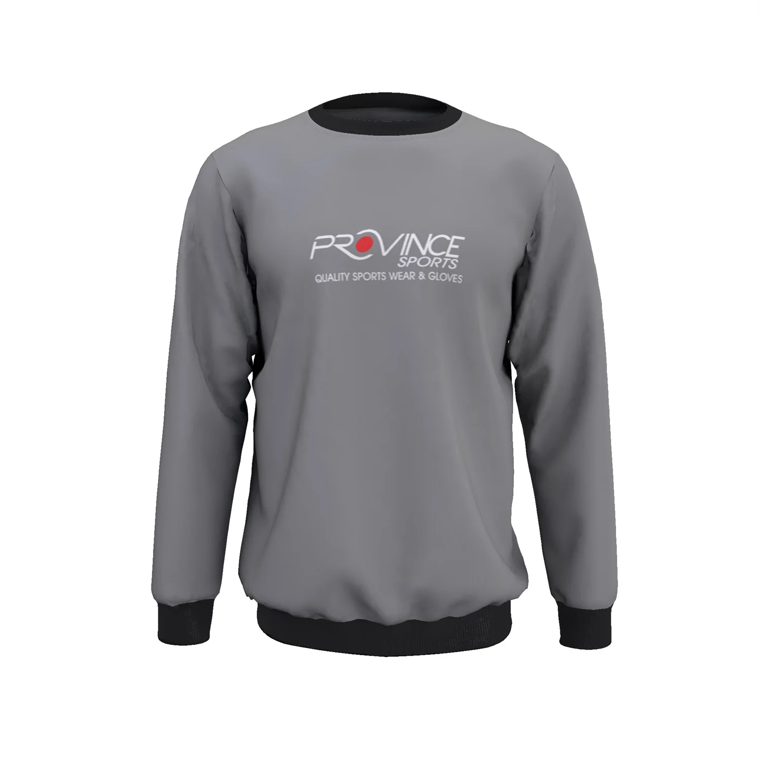 Gray custom sports sweatshirt with black ribbed cuffs and collar