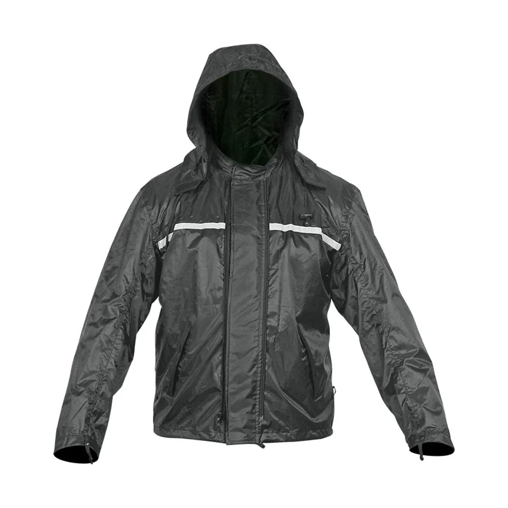 Black waterproof motorcycle riding jacket with hood and reflective chest detailing